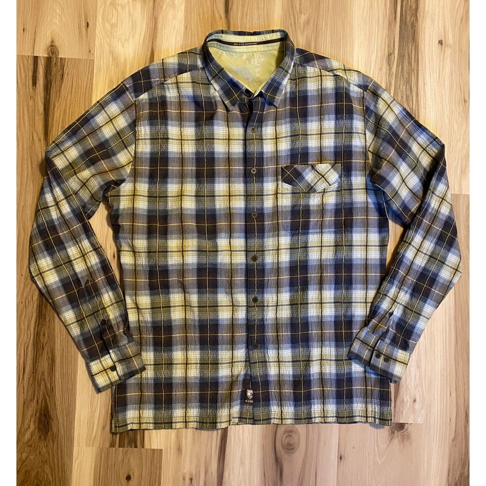Kuhl Mens XL Long Sleeve Plaid Button Down Shirt Blue Yellow Cotton Blend